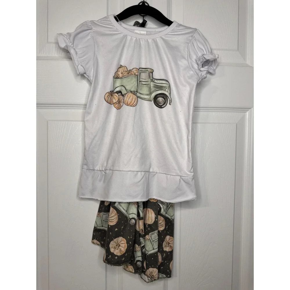 Toddler Girls Pumpkin Patch Truck Bell Bottom Outfit Set 2T White Green Brown